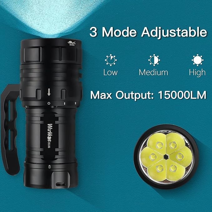 Wurkkos DL06 Dive Light, 15000 Lumens Scuba Diving Light, Type-C Rechargeable, 6*XHP50 LEDs, 100 Degrees Narrow Beam Angle, IPX8 Waterproof Flashlight for Night Diving Cave Exploration - 6000K