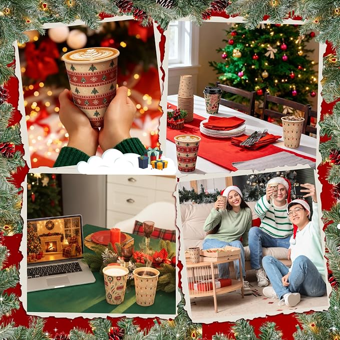 FoldTier 100 Pcs 12 oz Christmas Paper Cups with Lids Xmas Disposable Coffee Cups Holiday Kraft Paper Drinking Xmas Party Drinkware Supplies for Holiday Cocoa Beverage Cold Hot Drinks (Classic 1)
