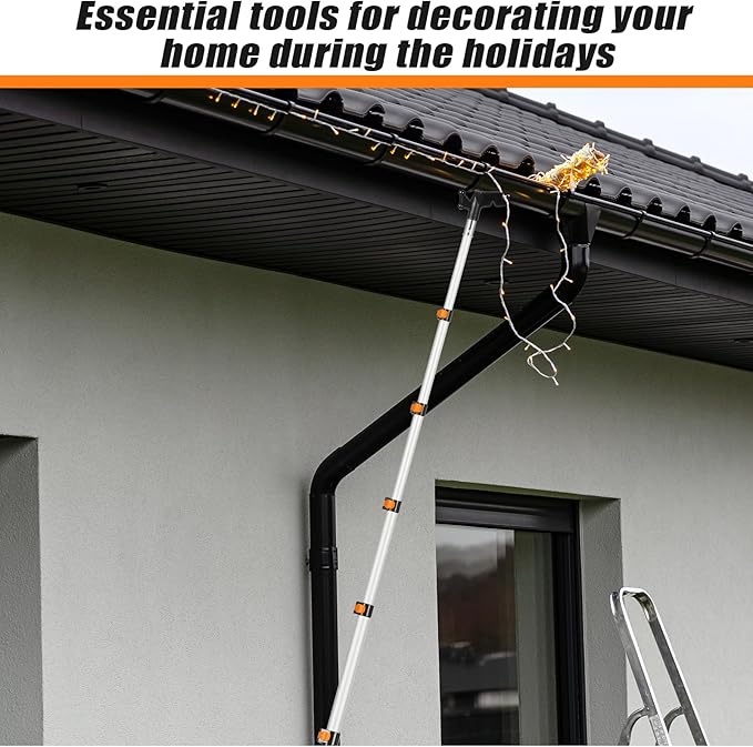 7-36 ft Telescopic Extension Pole with Utility Hook, Multi-Purpose Aluminum Pole for Painting, Dusting and New Year Window Cleaning Christmas Lights Installation Without a Ladder (Orange)