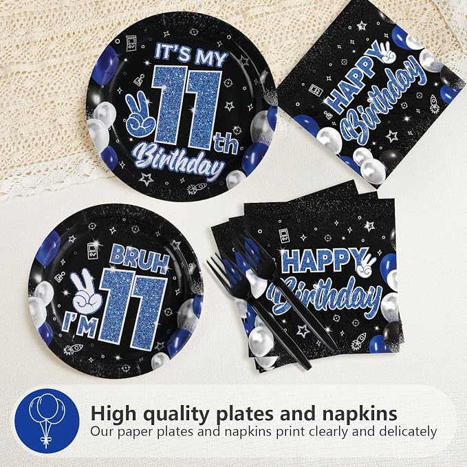 96 Pcs 11th Birthday Decorations for Boys Graduation Blue and Black Plates and Napkins Disposable Glitter It's My 11th Birthday Party Supplies for Boys Kids Teenager 11 Years Old Party Decor Serves 24