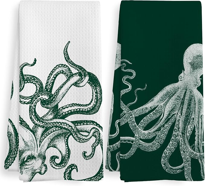 Coastal Octopus Decor Dish Hand Tea Towels for Bathroom Kitchen, Octopus Gothic Witchy Bathroom Decor, Oddities and Curiosities, Dark Green Kitchen Towels and Dishcloths Sets of 2, 16x24 Inch