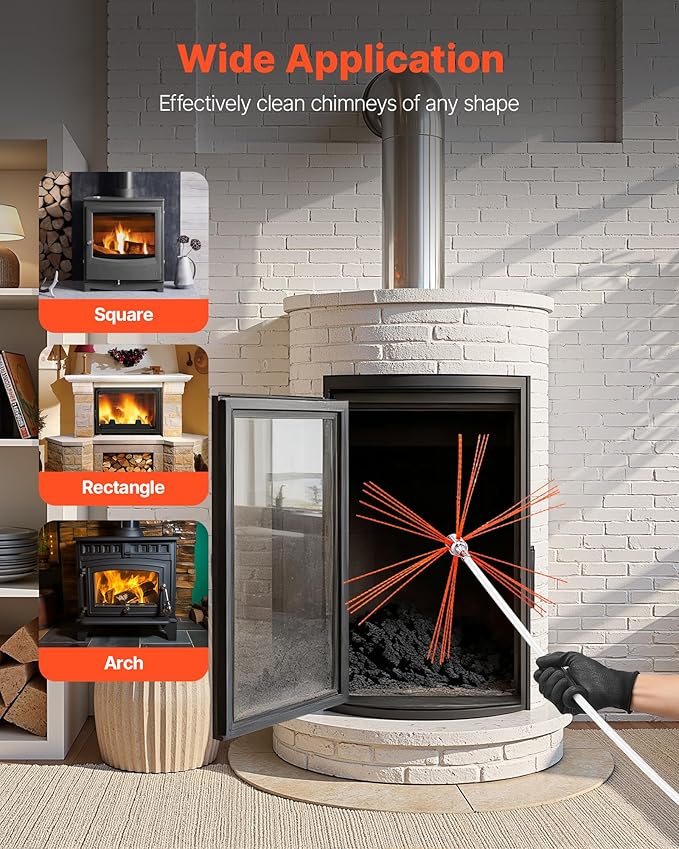 VEVOR Chimney Sweep Kit, 39 ft Maximum Extendable Length Chimney Brush, Chimney Cleaner Sweeper with Dual Brush Heads & Bristle Replacements, Fireplace Cleaning Tool for Square, Rectangle Chimneys