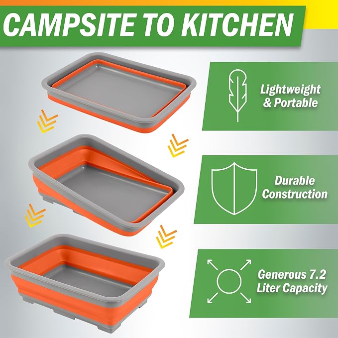 Set of 2 Multipurpose Wash Bins – 7.27-Liter Basins for Travel or Cleaning – Collapsible Bucket Camping Accessories by Wakeman (Orange)