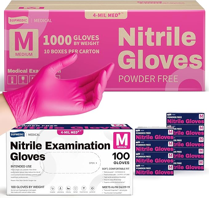 Supmedic Nitrile Exam Gloves, 4 Mil 1000 Ct, Powder-Free Latex-Free Cooking Food-Safe Disposable Medical Gloves, Rose Orchid