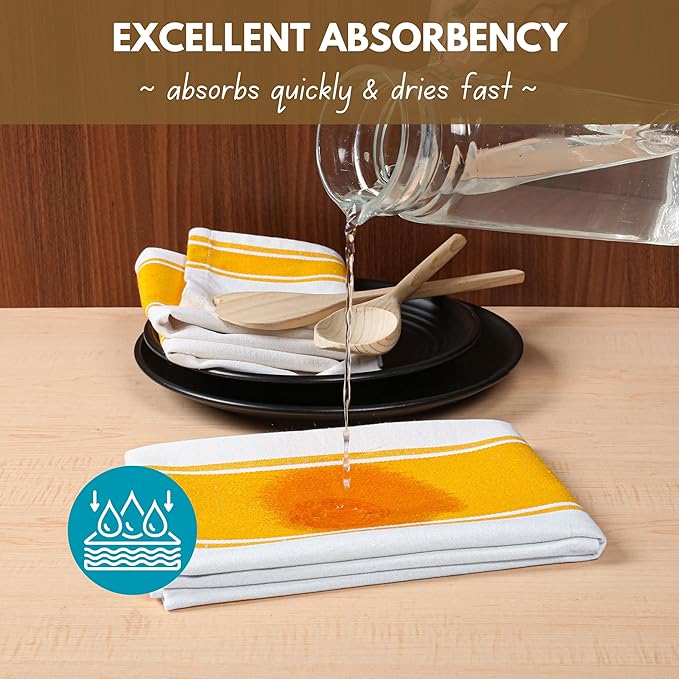 Native Fab Yellow Striped Dish Towels 18"x28", 12 Pack, Wide Stripe, Highly Absorbent, Fast Dry, 100% Cotton Hand Towels for Drying Dishes, Glassware, Dishcloth Set, Kitchen Cleaning Towel - Yellow