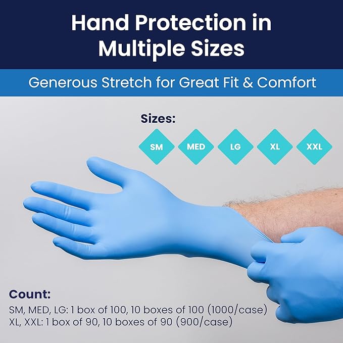 Adenna EMPOWER Disposable Nitrile Glove - 8 Mil, Medical Exam Rubber Gloves with Textured Grip, Non-Latex & Powder-Free, Cleanroom Lab & Industrial use, Case of 1000, Large, Blue