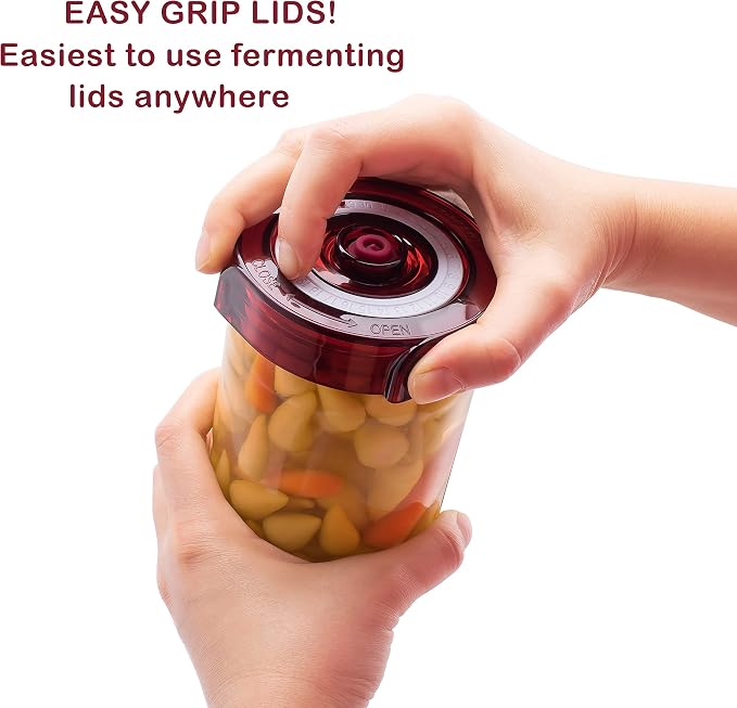 Fermenting Lids for wide mouth mason jars. 4 waterless airlock fermentation lids kit. Easy Grip fermenter lid with Oxygen Pump automatically Vents air. Tracks ferment date. (4 Lids + Pump)