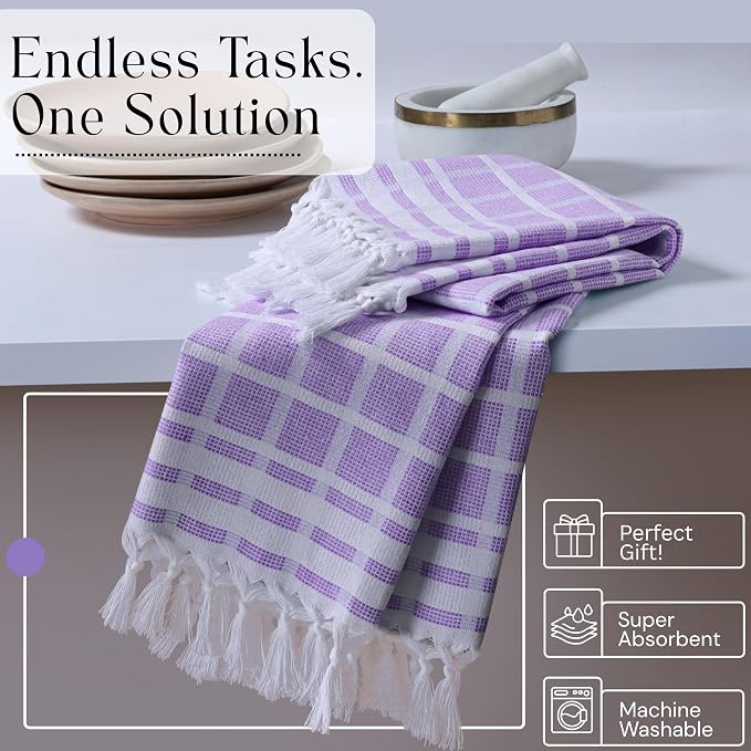 Matrix Dobby Kitchen Towels Set of 12, 100% Cotton, Combo Pack, 16"x26", Absorbent Tea Towels with Handmade Tassels, Reusable Cleaning Cloths - Lavender, Sandal Yellow, Aqua Blue