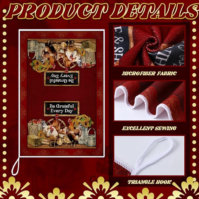 Bencailor 6 Pcs Farmhouse Kitchen Towels Chicken Rooster Kitchen Decor Farm Animal Hand Towels for Cooking Baking Housewarming Gift,15.75 x 23.62 inch(Deep Red,Rooster Hen)