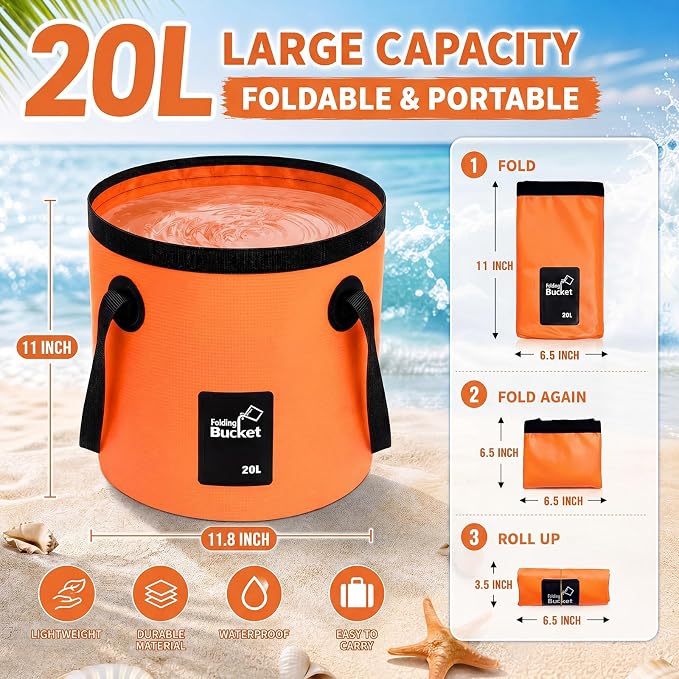 5 Gallon 4 Pack Collapsible Bucket, Foldable Water Bucket with Handles, Portable Camping Buckets for Fishing, Hiking, Cleaning, Outdoor & Travel Use (Orange)