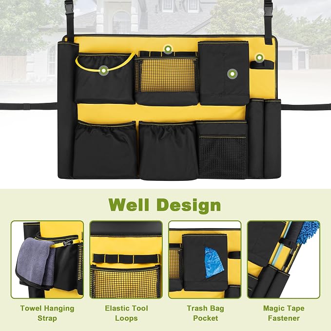 HODRANT 32-55 Gallon Trash Can Caddy Bag, Garbage Bin Apron Caddy with Multiple Pockets for Cleaning Supplies, Cleaning Tool Organizer with Adjustable Buckle for Janitorial Trash Can, Black+Yellow