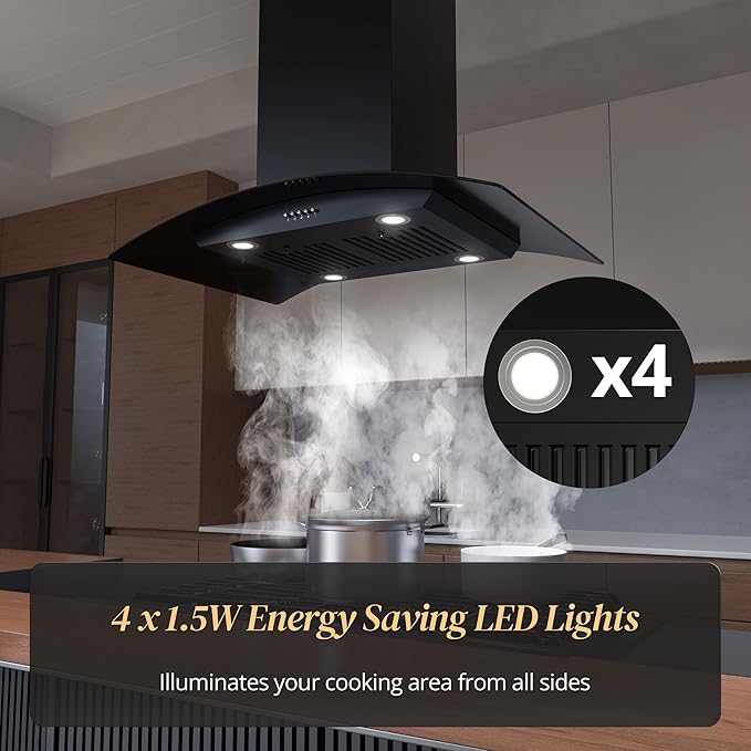 FIREGAS 36 inch Island Range Hood 700 CFM, Ducted/Ductless Convertible Stove Hood3-Speed Fan, LED Lights, Button Control Ceiling Mount Range Hood Vent for Kitchen
