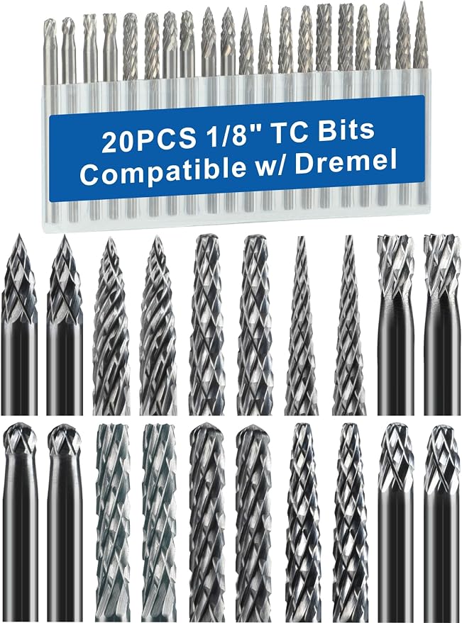 Sworker 20 Pcs Carbide Burr Set 1/8" Shank Compatible with Dremel Bits Rotary Tools Attachment Kit Rasp Drill File Accessories Metal Wood Stone Steel Grinding Carving Cutting Polishing Solid Tungsten