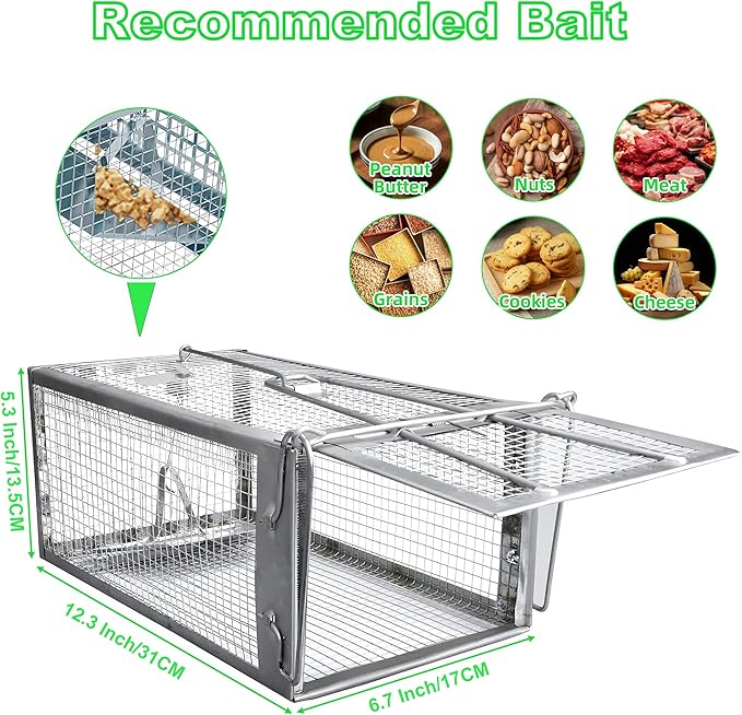 Humane Rat Traps, No Kill Small Animal Cage Trap, Live Mouse Trap Cage Catch and Release, Trampa para Ratones, Chipmunk Rodent Trap that Work for Indoor and Outdoor - 12.3" L x 6.5" W x 5.3" H