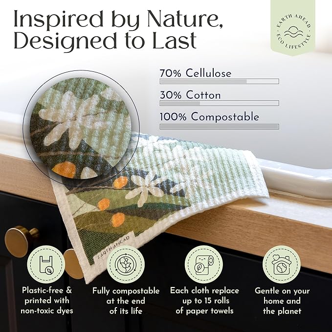 Swedish Dishcloths – Classic Botanical Floral Designs – Reusable Compostable Cellulose Sponge Cloth – Eco-Friendly Paper Towel Alternative 3 Pack