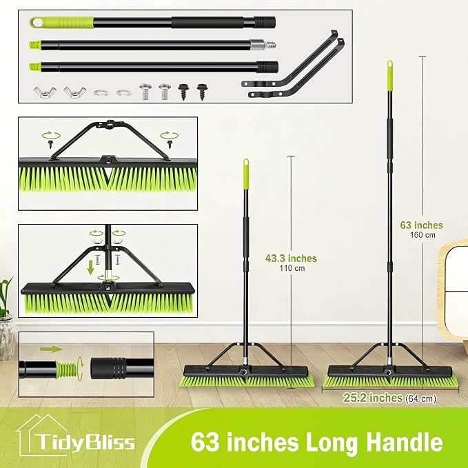 TidyBliss 2 Pack 24” Push Broom Outdoor Heavy Duty, Large Commercial Stiff Bristle Brush with 63 inches Long Handle for Garage Shop Garden Yard Patio Deck Street Warehouse Lawn Driveway (Yellow-Green)