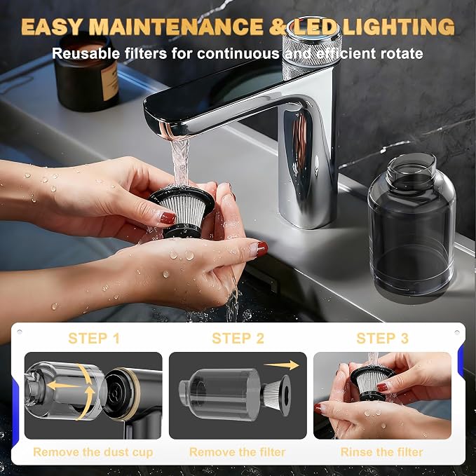 LAZYROSY 30000PA Handheld Vacuum Cleaner Suction with Brushless Motor, 6-in-1 Portable Mini Vacuum with 3 Suction Modes, Cordless Vacuum with LED Light, Type-C Charge for Car, Office Desk, Keyboards