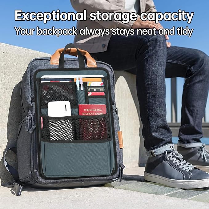 Slim Rugged Backpack Organizer Insert for Business Casual Men Women -13 Pockets,Padded Nylon,Max 14'' laptop-Grayish Blue