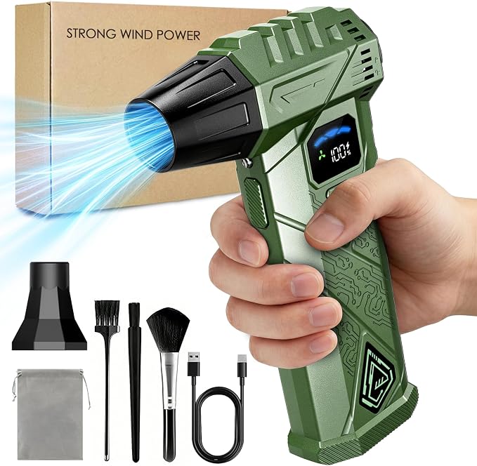Compressed Air Duster, 130000RPM High-Speed Electric Air Duster with Smart LED Display & Stepless Speed Control, Rechargeable Cordless Air Blower for PC Keyboard, Car & Home Cleaning (Green)