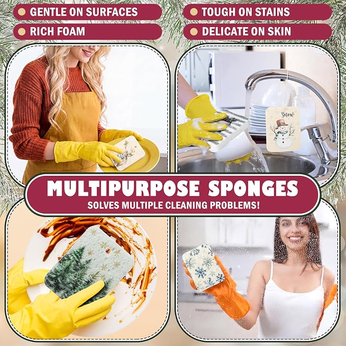 Hahafelt 36 Counts Compressed Cellulose Sponges Bulk Pop up Farmhouse Christmas Pattern Natural Kitchen Compostable Non Scratch Dish Sponges for Washing Dishes, Cleaning Countertop Sink