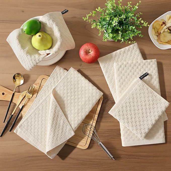 Homaxy 100% Cotton Terry Kitchen Towels(15" x 25", 12 Pack), Soft and Super Absorbent Dish Towels, 380 GSM Reusable Tea Towel with Hanging Loop, Pineapple Grid Designed, Beige