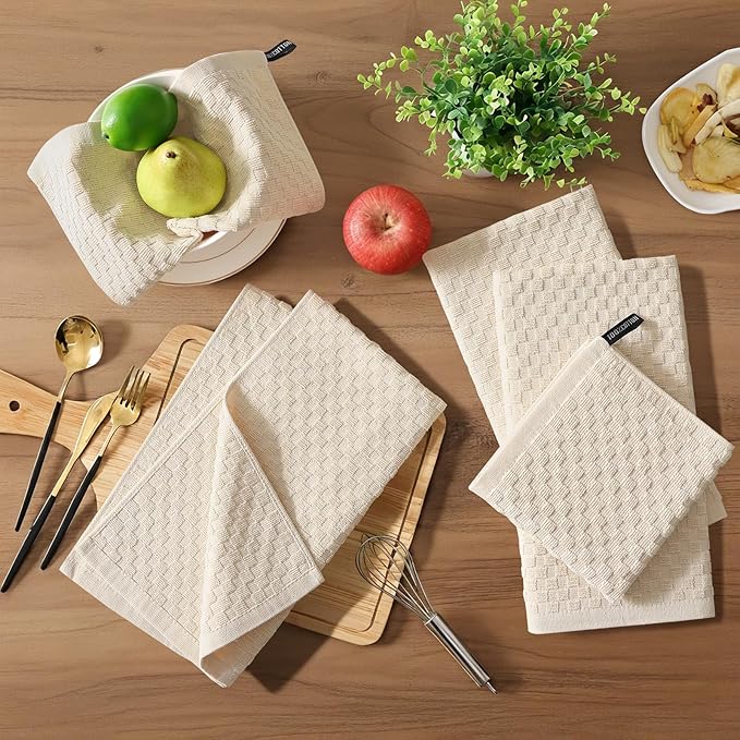 Homaxy 100% Cotton Terry Kitchen Towels(15" x 25", 6 Pack), Soft and Super Absorbent Dish Towels, 380 GSM Reusable Tea Towel with Hanging Loop, Pineapple Grid Designed, Beige