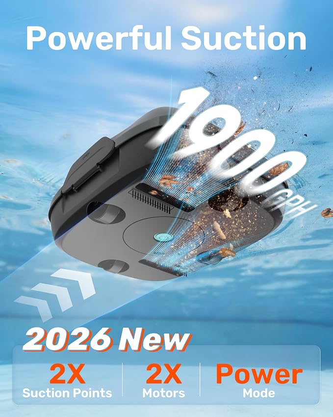 Gosvor Cordless Pool Vacuum, Dual Cleaning Modes, Automatic Robotic Pool Cleaner Lasts 90 Mins, Self-Parking, Portable, 1200-1900GPH Suction Power, Ideal for Above Ground Pool up to 860 sq.ft, Orange