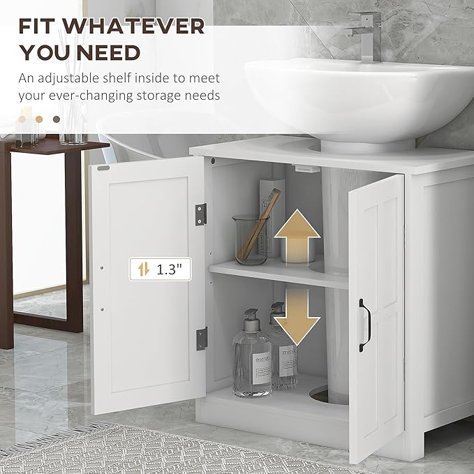 kleankin Pedestal Sink Storage Cabinet, Under Sink Cabinet with 2 Doors and Adjustable Shelf, Bathroom Vanity with U-Shape Cut-Out, White