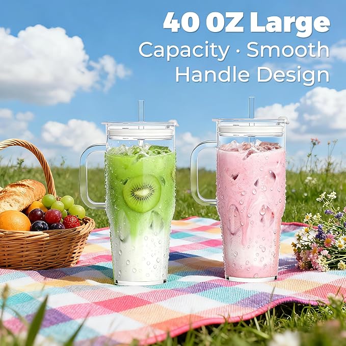Birity 40OZ Borosilicate Glass Tumbler with Handle,Glass Cup with Lid and Straw-Reusable Iced Coffee Cup with Lid for Boba, Smoothies,Beer,Juice|Suitable for Gifts,Travel,Outdoor,Partys&Home