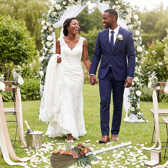 Wedding Broom for Jumping Ceremony DIY Bride Bridegroom Jump Broom Wedding Brooms with Ribbons Eucalyptus Leaves Roses for Wedding Ceremony Craft(Orange)
