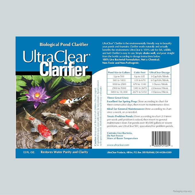 Pond Clarifier for Outdoor Ponds - Concentrated Live Beneficial Bacteria - Treats up to 30,000 Gallons - Clears Cloudy Pond Water - Safe for Fish, Plants, Pets and People