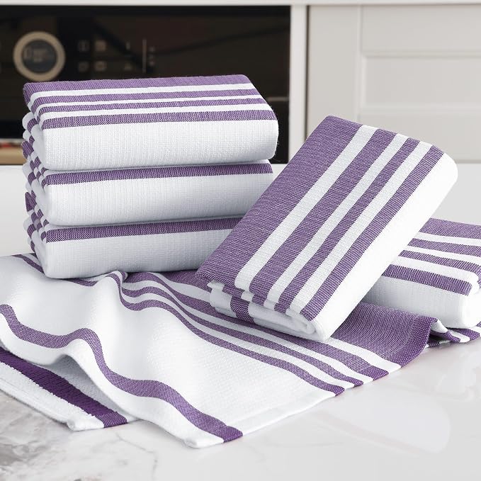 Homaxy Premium Kitchen Towels 18”x 28”, Large Cotton 380 GSM Kitchen Hand Towels, Stripe and Terry Dish Towel, Highly Absorbent Tea Towel Set with Hanging Loop, 6 Pack, Purple