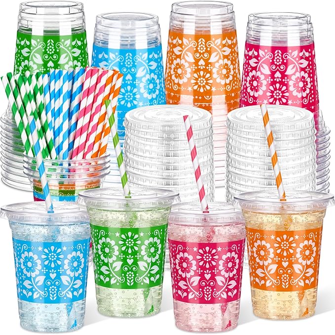Domensi 48 Sets Fiesta Plastic Cups with Lids and Paper Straws 12oz Mexican Cinco De Mayo Disposable Drinking Cups Bulk for Cold Drinks Baby Shower Wedding Papel Picado Theme Birthday Party Supplies