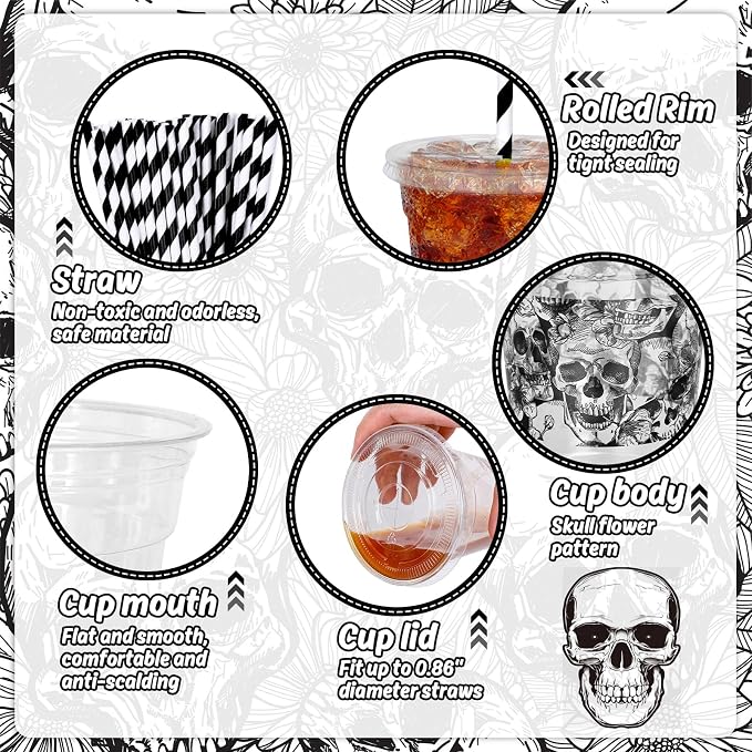 Whaline 50 Pcs 12 Oz Halloween Disposable Plastic Cups with Lids and Straws Black Gothic Sketch Skull Floral Cold Beverage Drinking Cups for Trick or Treat Party Supplies