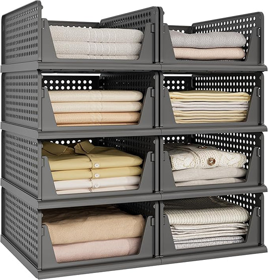 Pinkpum 8 Pack Closet Organizers Storage Bins, Stackable Plastic Drawer Basket for Clothing, Stackable Storage Bins Shelf Storage Container for Closet Wardrobe Bedroom Bathroom Office Black