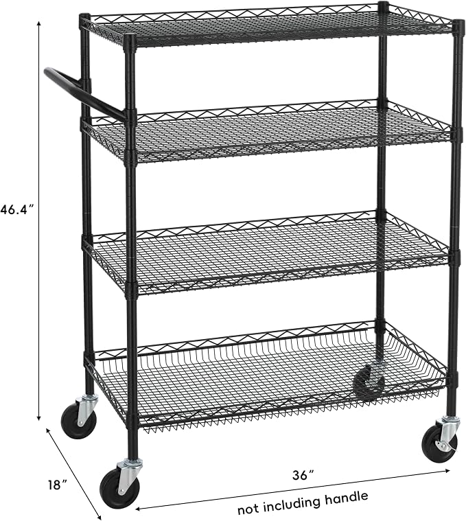Finnhomy 4 Tier Heavy Duty Commercial Grade Rolling Cart with Handle Bar, Metal Wire Utility Cart with Wheels, Service Trolley on Wheels, Shelf Size 18" D x 36" W, NSF, Black