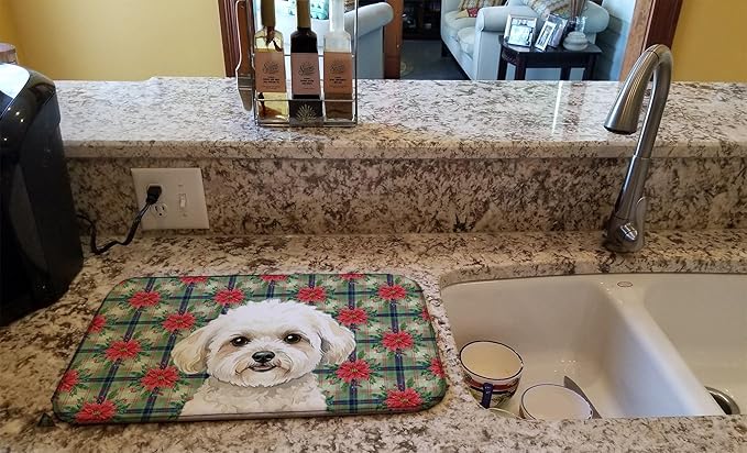 Caroline's Treasures White and Cream Bichon Frise Christmas PoinsettIas Dish Drying Mat Absorbent Dish Drying Mat Pad for Kitchen Counter Dish Drainer Mat for Countertop, 14 x 21", Multicolor