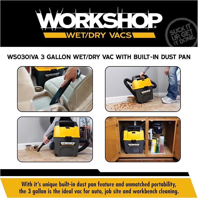 WORKSHOP Wet/Dry Vacs WS0301VA 3-Gallon 3.5 Peak HP Wet Dry Vacuum Cleaner | Portable Shop Vacuum with Built-in Dust Pan, Filter, Dust Bag, Expandable Hose, and Attachments for Home and Car Cleaning