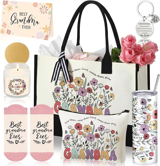 Patelai 7 Pcs Grandma Gifts, Birthday Gifts for Grandma Best Grandmother Gift from Grandkids Grandchildren Thank You Grandmother Set with 20oz Tumbler Tote Bag Candle Socks Makeup Bag Keychain Card