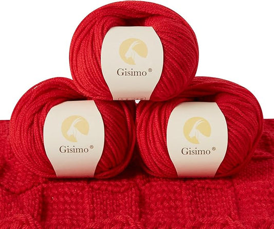 100% Merino Wool Yarn, 6-Ply Luxurious and Soft Yarn for Hand Knitting & Crocheting, 1.76 OZ/50g, 127 yds/116 Meters(Bright Red, 3 Balls)