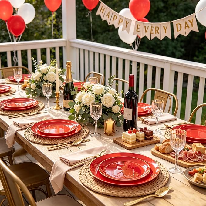 I00000 150Pcs Red Plastic Plates with Gold Rim,Fancy Plastic Plates,Nice Disposable Plates Set include 30 Dinner Plate,30 Dessert Plate, 90 plastic Silverware Set for Valentine's Day