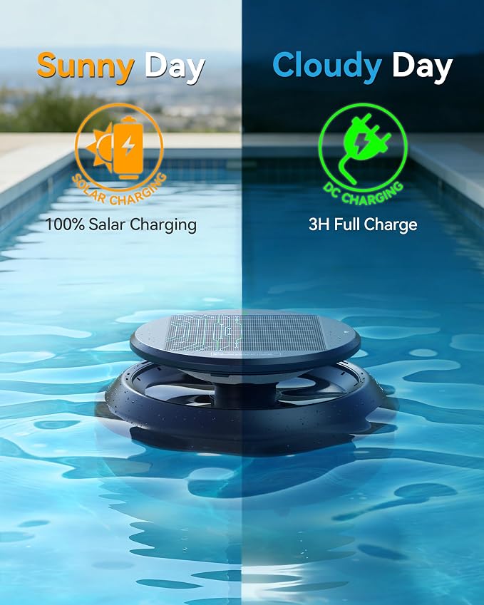 Y60 Cordless Solar Pool Skimmer - 2026 Automatic Robotic Pool Surface Cleaner with 360° All-Around Intake, Dual Charging, 12H Deep Cleaning for In-Ground & Above Ground Pools