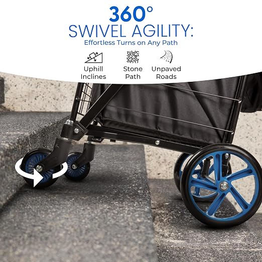 SereneLife Large Folding Utility Shopping Cart with Removable Liner – Heavy Duty, 360° Swivel Wheels, 110 lb Capacity, Portable for Groceries, Laundry, Luggage, and More (Blue)