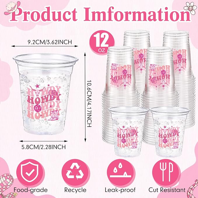 100 Pcs Pink Cowgirl Plastic Cups 12 oz Pink Howdy Western Disposable Plastic Drinking Cups Bulk for Western Cowgirl Birthday Baby Shower Bachelorette Party Decoration Supplies