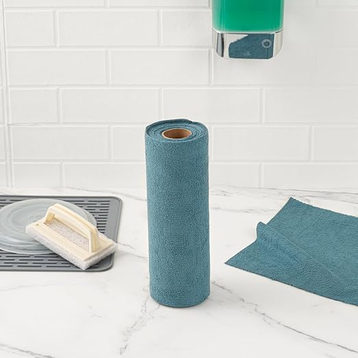 Restaurantware-Clean Tek Professional 11.8 x 11.8 Inch Microfiber Towel Rolls, 30 Reusable Towel Rolls - 30 Tear Away Sheets Per Roll, Perforated, Teal Microfiber Cloth, For All The Cleaning Tasks