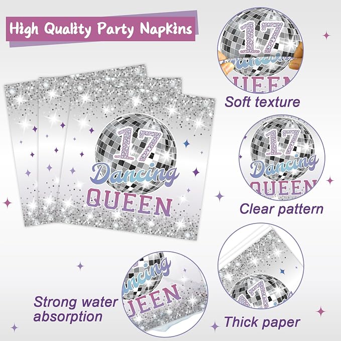 CHUNNIN 96Pcs Dancing Queen Plates and Napkins for 17 Birthday Party Decorations for Girls Silver 17 Year Old Dessert Plates Dancing Queen Tableware Set for 24 Guests 17 Birthday Party Supplies