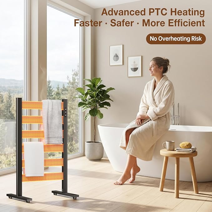 Heated Towel Rack – Rapid PTC Heating, LED Timer Control, High Temp & Large Capacity – 6 Bars Premium Freestanding Bathroom Towel Warmer,Matte Black