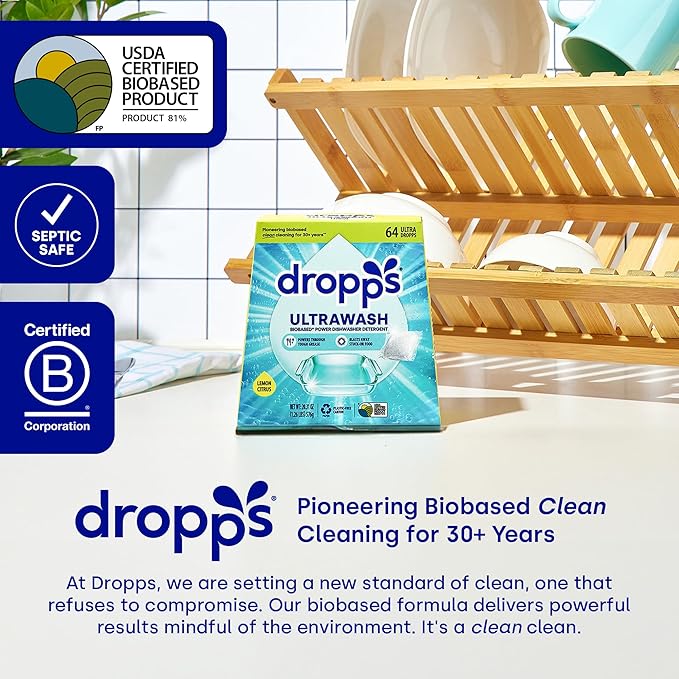 Dropps UltraWash Dishwasher Detergent Pods, Lemon Citrus (120 Ct) - Cuts Grease & Stuck-On Food | Sparkling Dishes & Glasses | Residue-Free | Clean Ingredients | No Pre-Rinse | Plastic Free Packaging