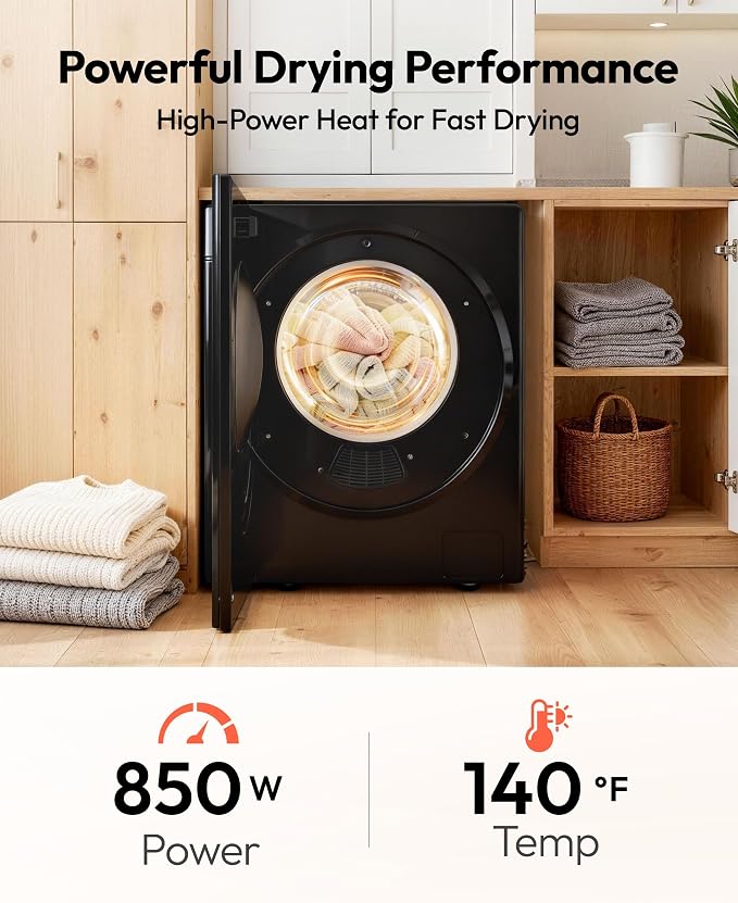 EUHOMY 1.5 Cu.ft Portable Dryer with 4 Drying Programs, 5.5lbs Clothes Capacity, Mirror Finish & LCD Panel, 850W Portable Clothes Dryer for Apartment, Dorm & RV, Black