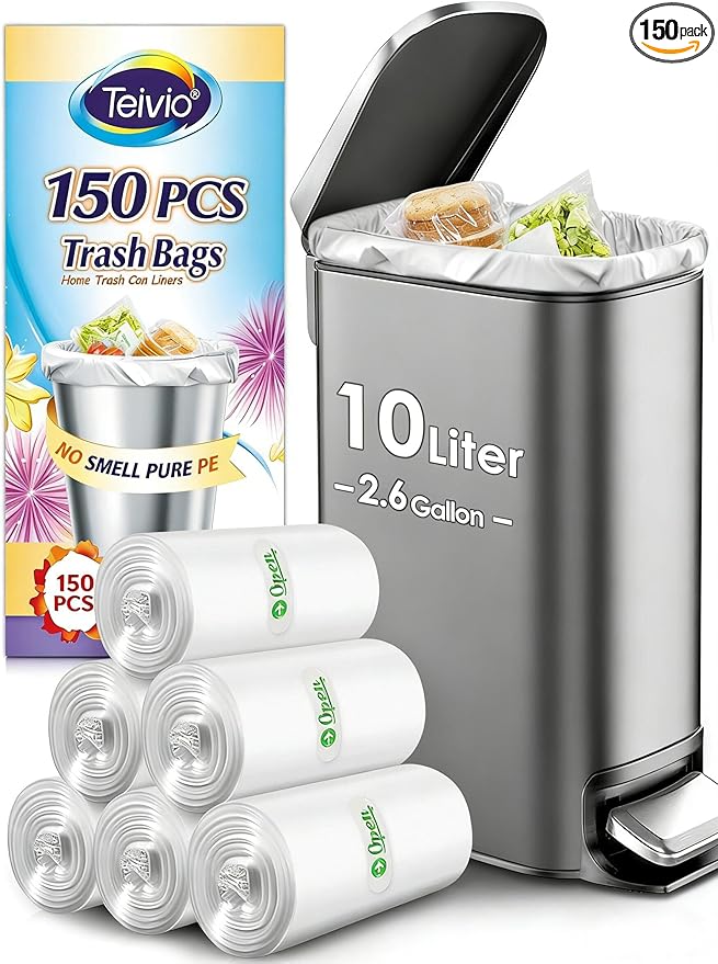 2.6 Gallon 150 Counts Small Trash Bags Garbage Bags by Teivio, Bathroom Trash Can Bin Liners, Small Plastic Bags for home office kitchen, Clear